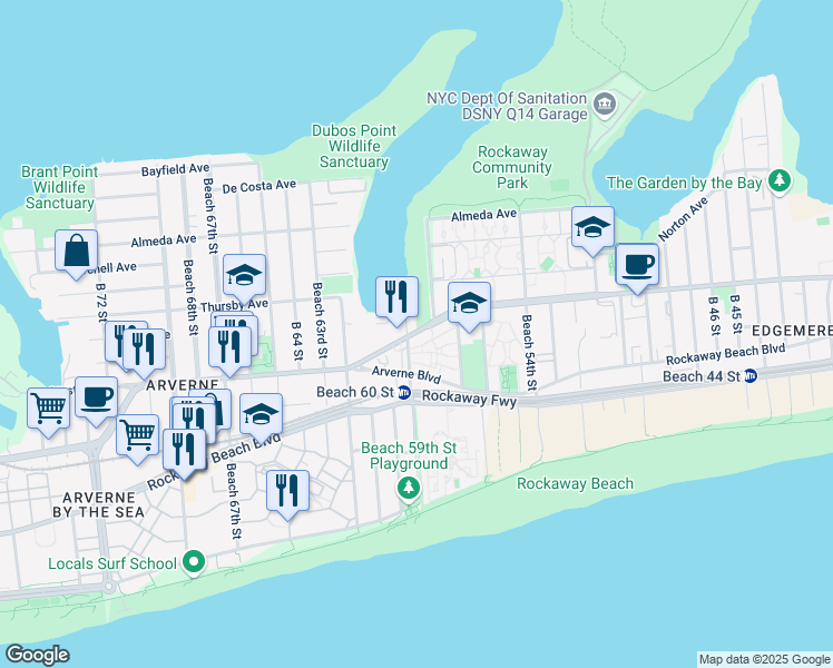 map of restaurants, bars, coffee shops, grocery stores, and more near 324 Beach 59th Street in Queens