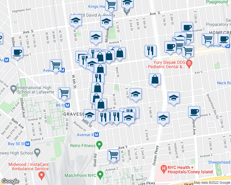 map of restaurants, bars, coffee shops, grocery stores, and more near 2233 West 1st Street in Brooklyn
