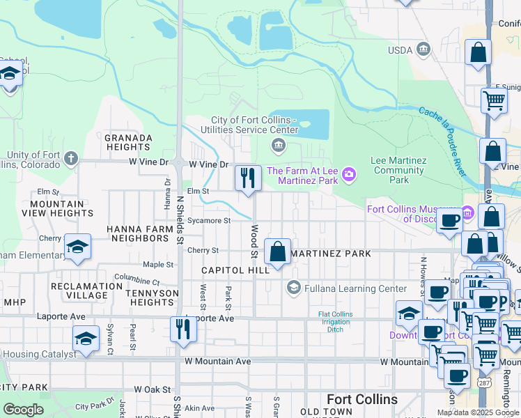 map of restaurants, bars, coffee shops, grocery stores, and more near 514 Wood Street in Fort Collins