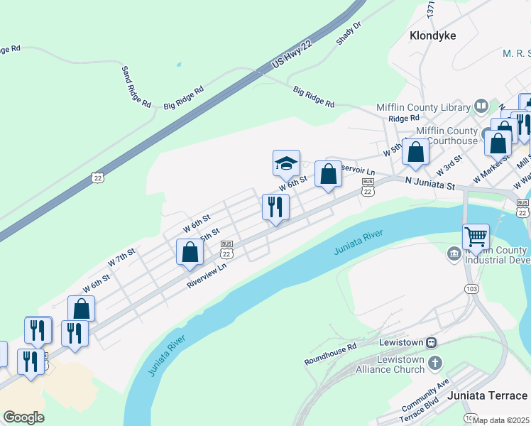 map of restaurants, bars, coffee shops, grocery stores, and more near 538 West 5th Street in Lewistown