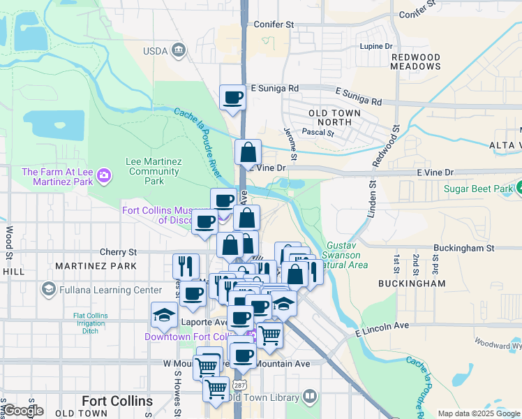 map of restaurants, bars, coffee shops, grocery stores, and more near 430 North College Avenue in Fort Collins