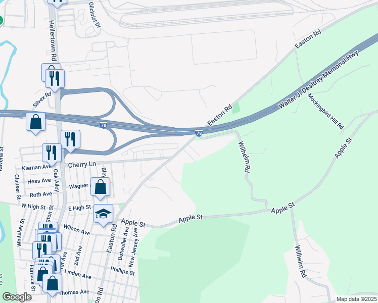 map of restaurants, bars, coffee shops, grocery stores, and more near 2187 Washburn Lane in Bethlehem