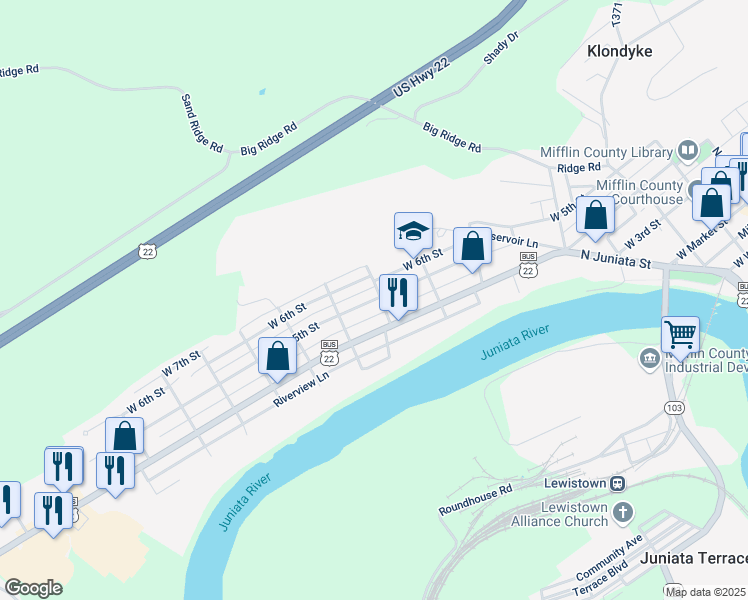 map of restaurants, bars, coffee shops, grocery stores, and more near 614 West 5th Street in Lewistown