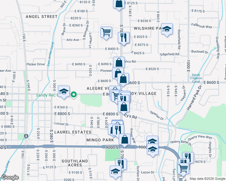 map of restaurants, bars, coffee shops, grocery stores, and more near 8600 South 700 East in Sandy