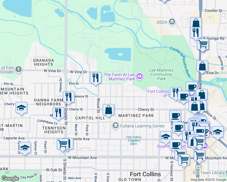 map of restaurants, bars, coffee shops, grocery stores, and more near 516 North Grant Avenue in Fort Collins