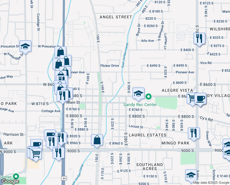 map of restaurants, bars, coffee shops, grocery stores, and more near 235 East 8680 South in Sandy