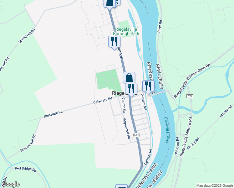 map of restaurants, bars, coffee shops, grocery stores, and more near 319 Delaware Road in Riegelsville