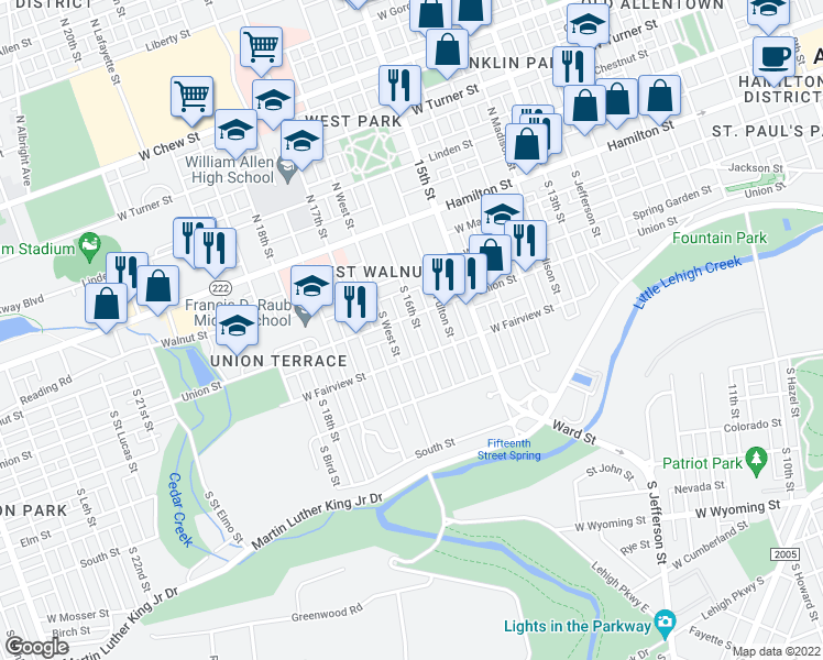 map of restaurants, bars, coffee shops, grocery stores, and more near 210 South 16th Street in Allentown