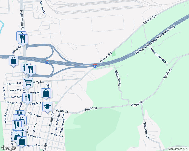 map of restaurants, bars, coffee shops, grocery stores, and more near 2090 Easton Road in Bethlehem