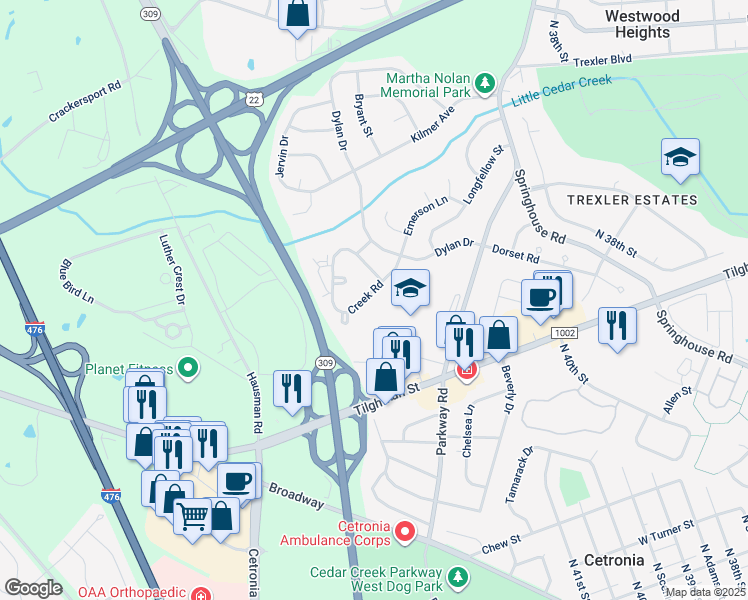 map of restaurants, bars, coffee shops, grocery stores, and more near 4322 Creek Road in Allentown
