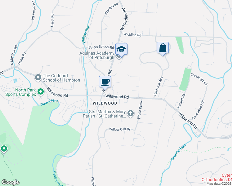 map of restaurants, bars, coffee shops, grocery stores, and more near 2513 Wildwood Road in Hampton Township