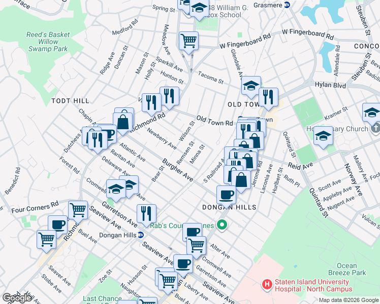 map of restaurants, bars, coffee shops, grocery stores, and more near 99 Newberry Avenue in Staten Island