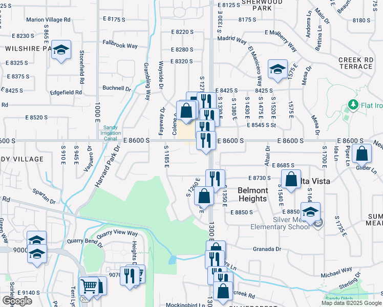 map of restaurants, bars, coffee shops, grocery stores, and more near 8626 South 1240 East in Sandy