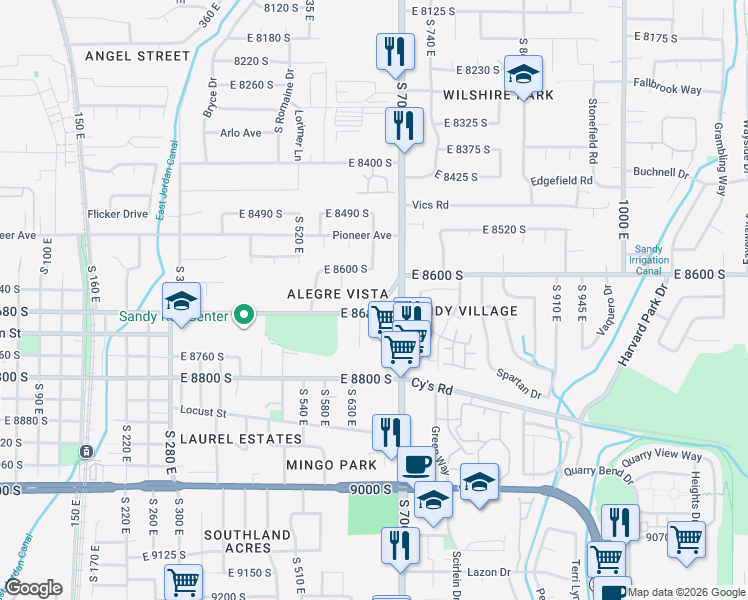 map of restaurants, bars, coffee shops, grocery stores, and more near 8600 South 700 East in Sandy