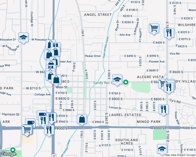 map of restaurants, bars, coffee shops, grocery stores, and more near 235 East 8680 South in Sandy