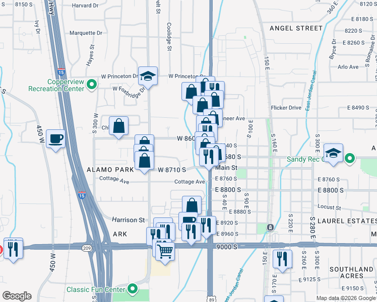 map of restaurants, bars, coffee shops, grocery stores, and more near 8629 Brit Circle in Midvale