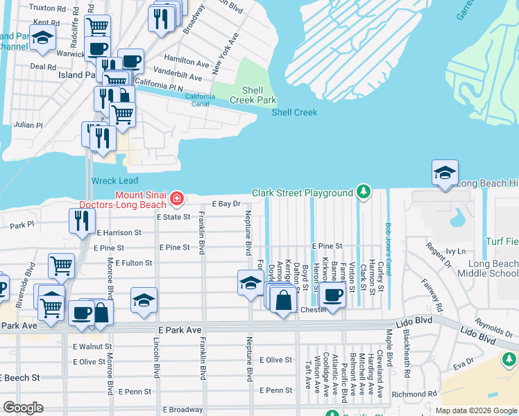 map of restaurants, bars, coffee shops, grocery stores, and more near 88 Doyle Street in Long Beach