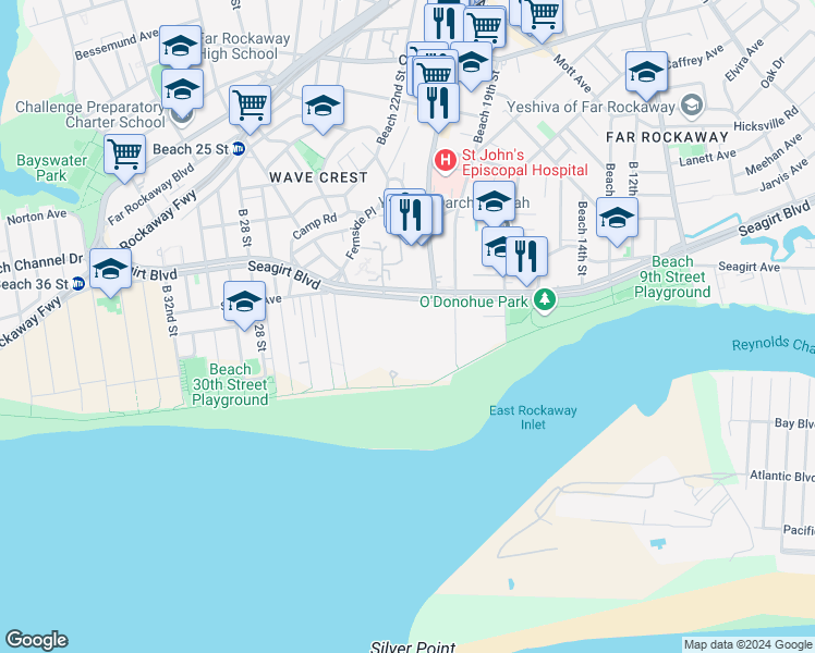 map of restaurants, bars, coffee shops, grocery stores, and more near 20-25 Seagirt Boulevard in Queens