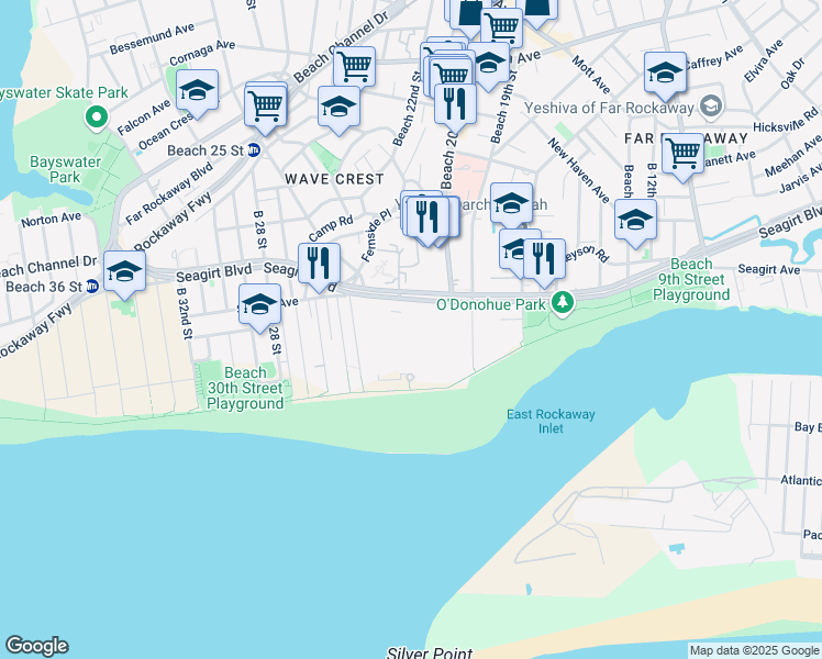 map of restaurants, bars, coffee shops, grocery stores, and more near 20-25 Seagirt Boulevard in Queens