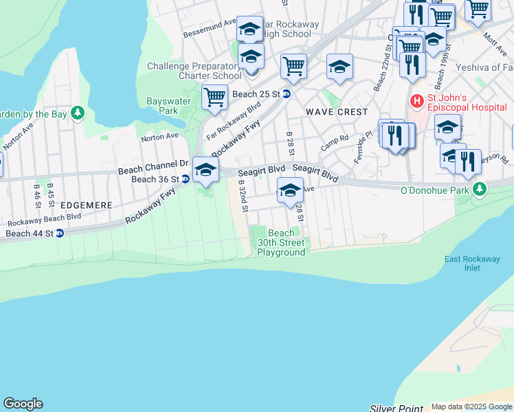 map of restaurants, bars, coffee shops, grocery stores, and more near 31-09 Seagirt Avenue in Queens
