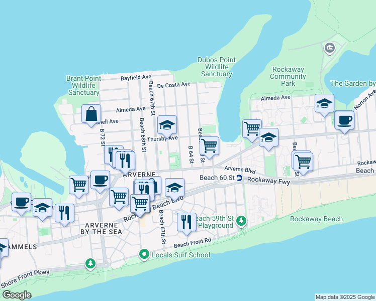 map of restaurants, bars, coffee shops, grocery stores, and more near 4-42 Beach 65th Street in Queens