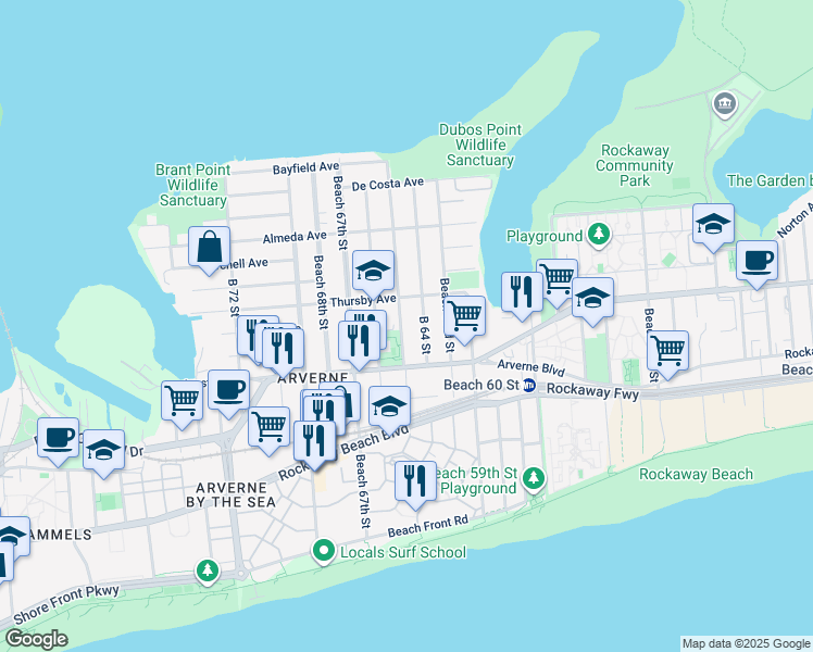 map of restaurants, bars, coffee shops, grocery stores, and more near 4-42 Beach 65th Street in Queens