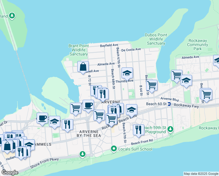 map of restaurants, bars, coffee shops, grocery stores, and more near 4-63 Beach 69th Street in Queens