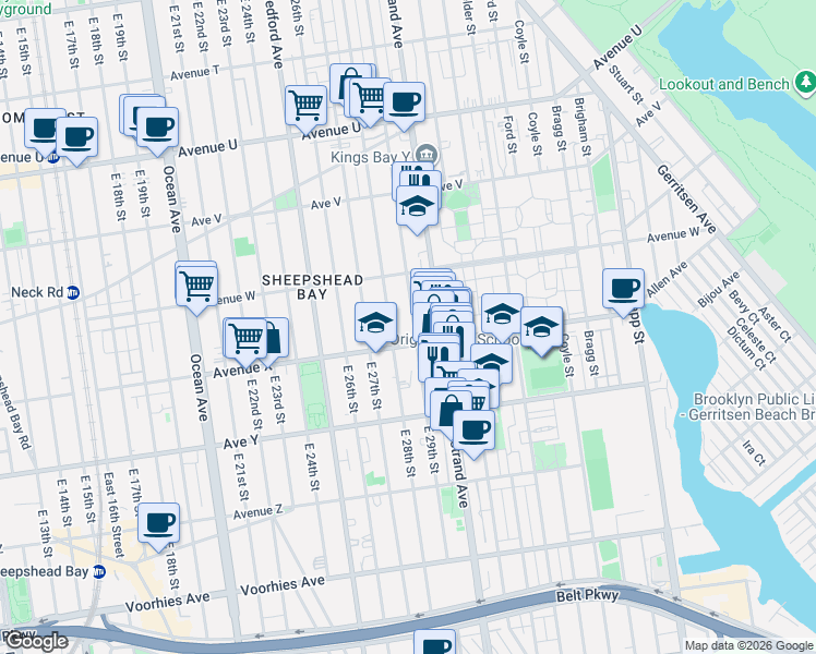 map of restaurants, bars, coffee shops, grocery stores, and more near 2347 East 28th Street in Brooklyn