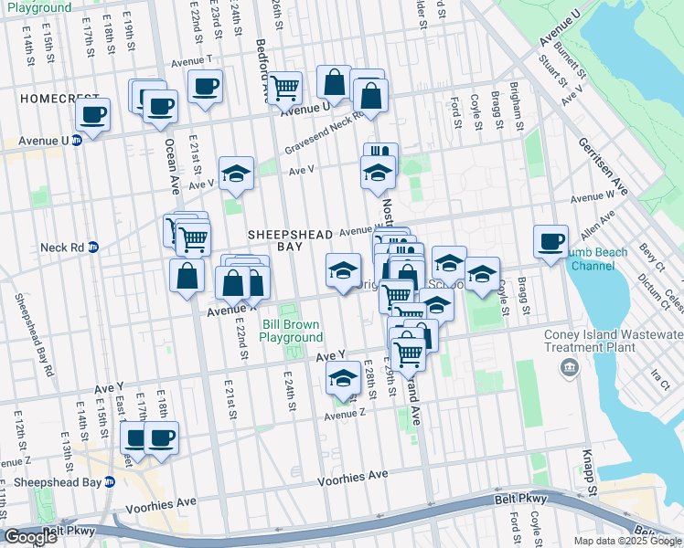map of restaurants, bars, coffee shops, grocery stores, and more near 2342 East 27th Street in Brooklyn
