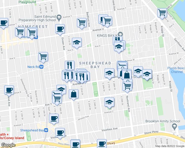 map of restaurants, bars, coffee shops, grocery stores, and more near 4397 Bedford Avenue in Brooklyn