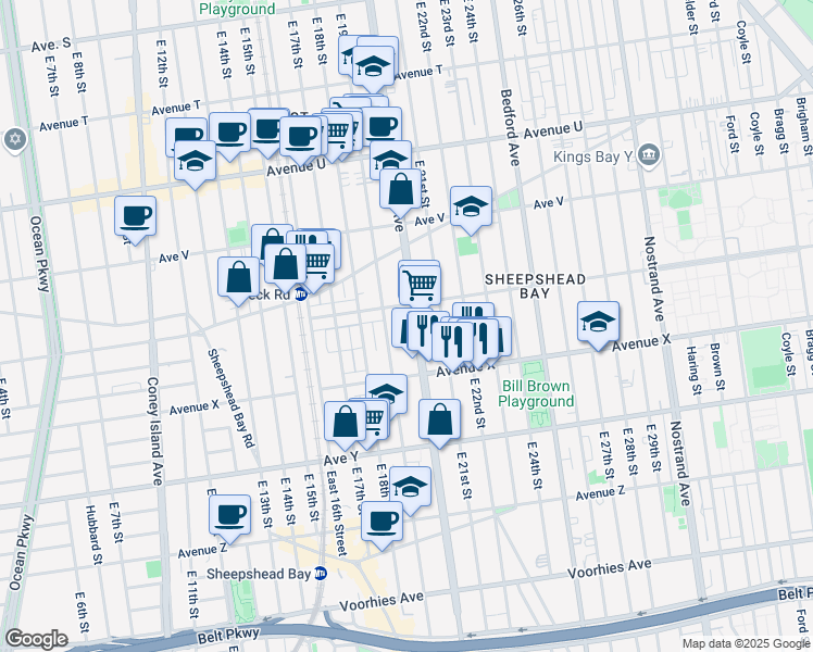 map of restaurants, bars, coffee shops, grocery stores, and more near 2301 East 19th Street in Brooklyn