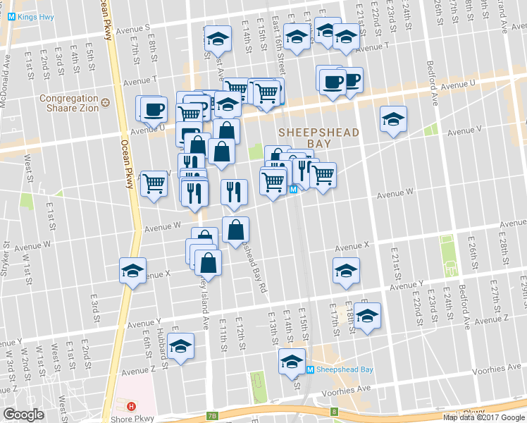 map of restaurants, bars, coffee shops, grocery stores, and more near 1223 Gravesend Neck Road in Brooklyn