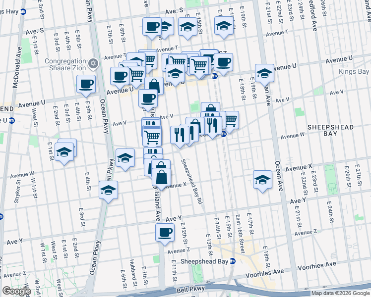 map of restaurants, bars, coffee shops, grocery stores, and more near 1047 Gravesend Neck Road in Brooklyn