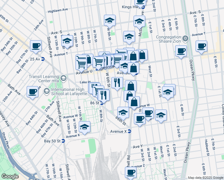 map of restaurants, bars, coffee shops, grocery stores, and more near 183 Avenue V in Brooklyn