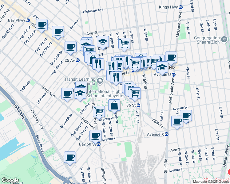 map of restaurants, bars, coffee shops, grocery stores, and more near 2168 West 10th Street in Brooklyn