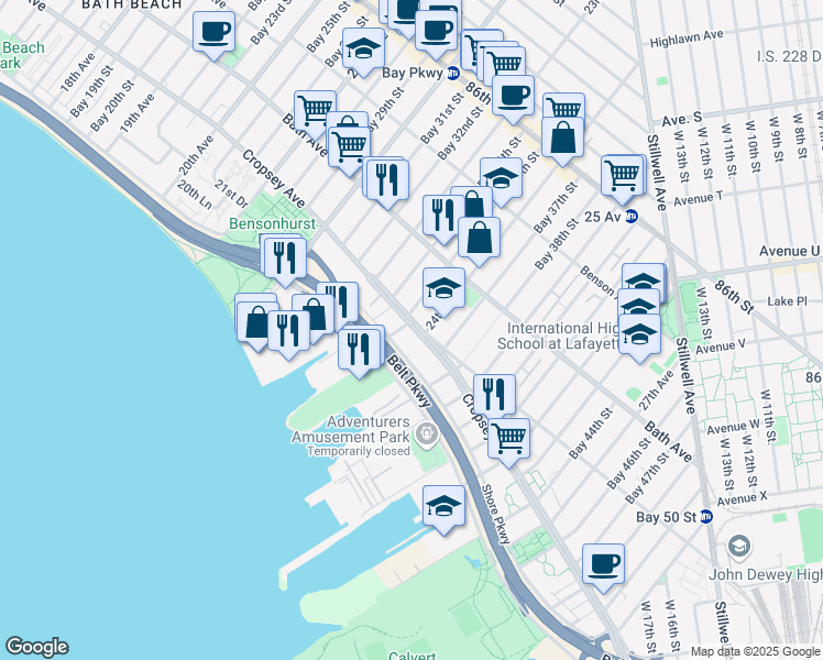 map of restaurants, bars, coffee shops, grocery stores, and more near 2375 Cropsey Avenue in Brooklyn