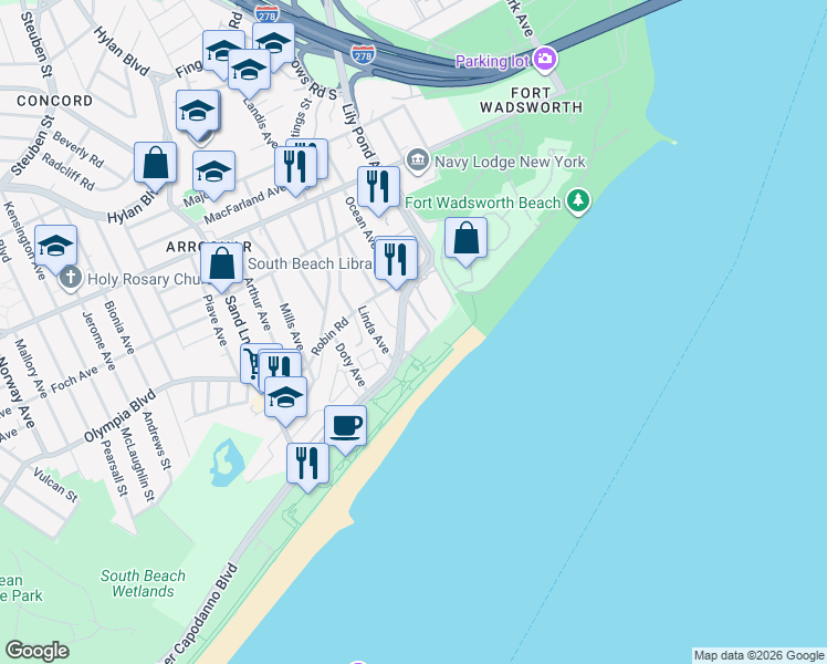 map of restaurants, bars, coffee shops, grocery stores, and more near 162 Ocean Avenue in Staten Island