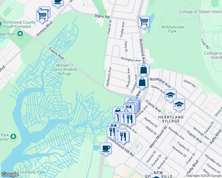map of restaurants, bars, coffee shops, grocery stores, and more near 121 Mulberry Avenue in Staten Island