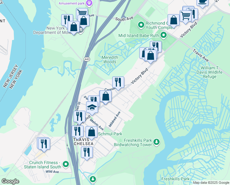 map of restaurants, bars, coffee shops, grocery stores, and more near 5 Leroy Street in Staten Island