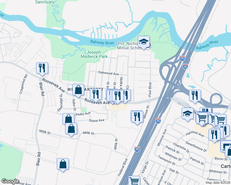 map of restaurants, bars, coffee shops, grocery stores, and more near 121 Hermann Street in Carteret