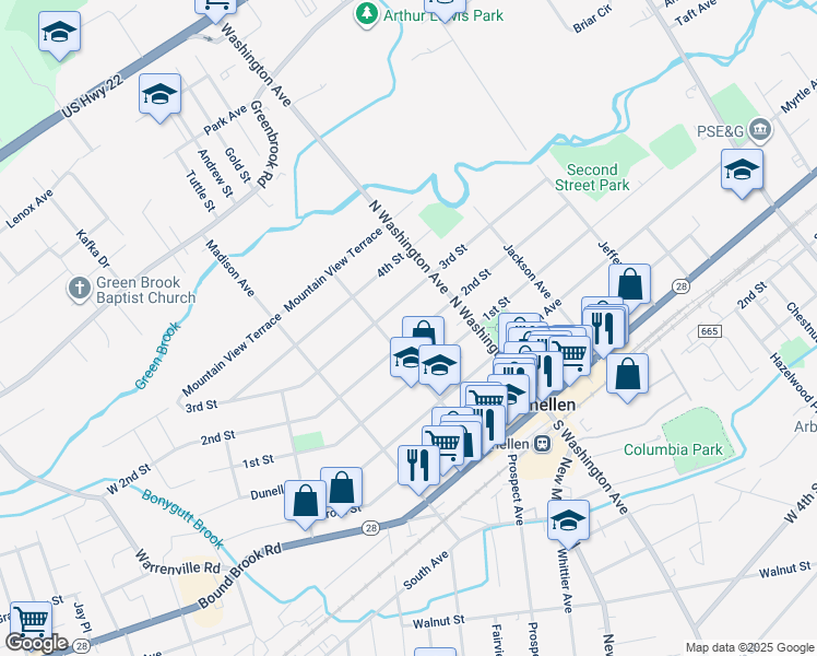 map of restaurants, bars, coffee shops, grocery stores, and more near 322 2nd Street in Dunellen