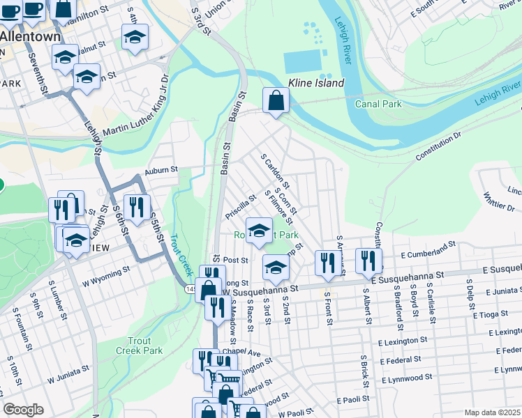 map of restaurants, bars, coffee shops, grocery stores, and more near 224 Priscilla Street in Allentown