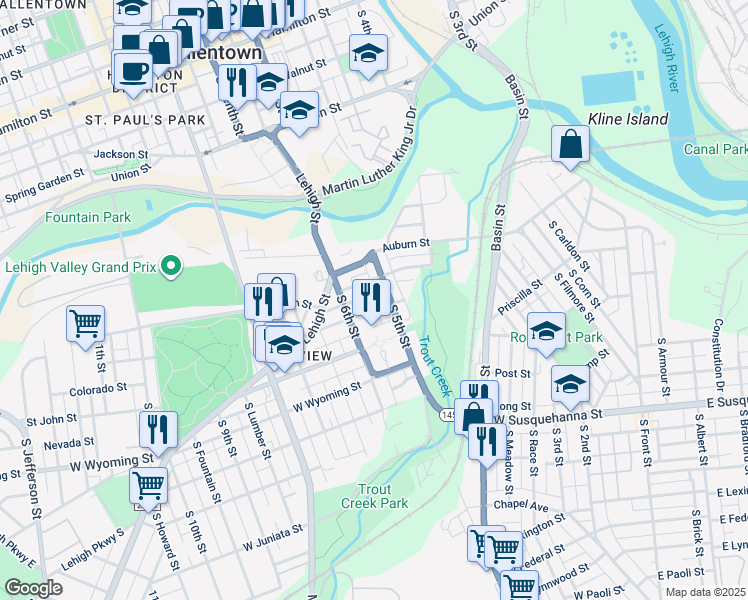map of restaurants, bars, coffee shops, grocery stores, and more near 522 Harrison Street in Allentown