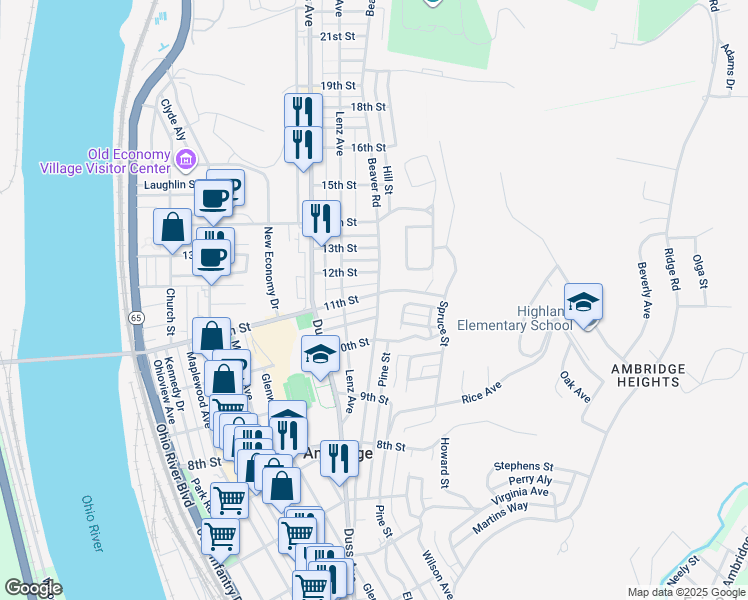 map of restaurants, bars, coffee shops, grocery stores, and more near 1102 Beaver Road in Ambridge
