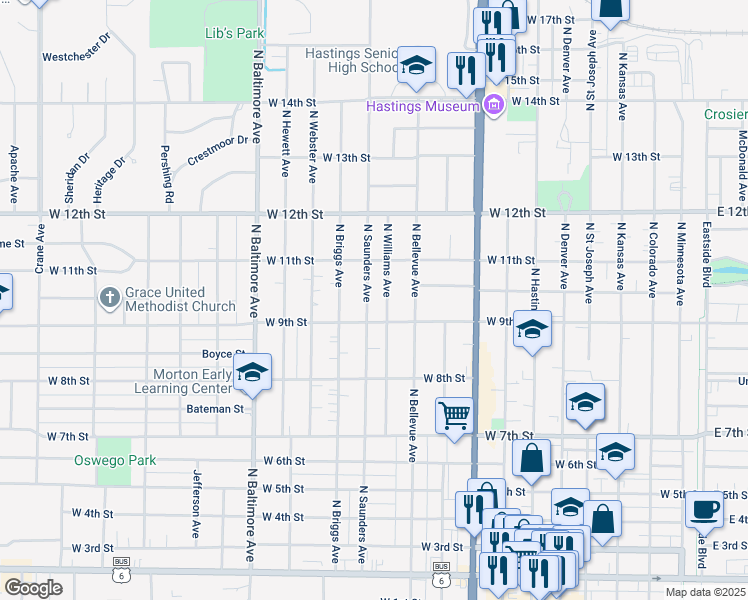 map of restaurants, bars, coffee shops, grocery stores, and more near 901-1019 North Saunders Avenue in Hastings