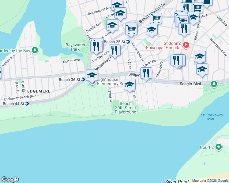 map of restaurants, bars, coffee shops, grocery stores, and more near 30-24 Lewmay Road in Queens
