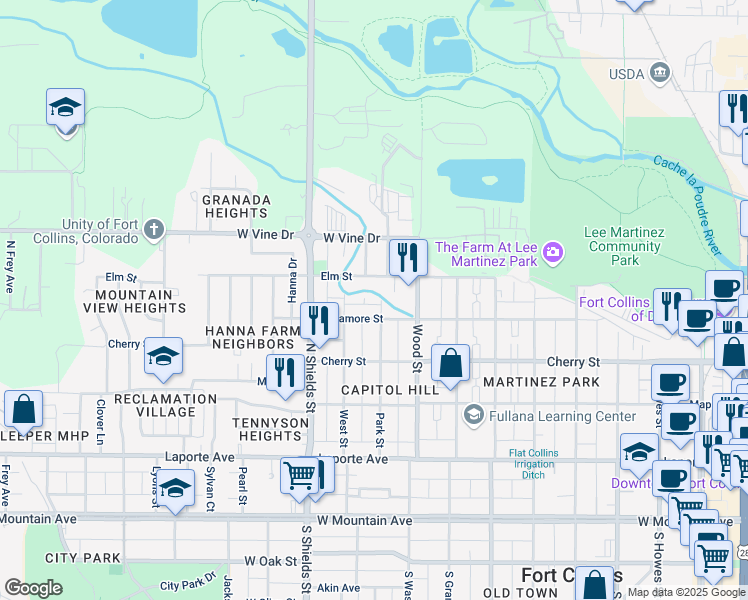 map of restaurants, bars, coffee shops, grocery stores, and more near 517 Park Street in Fort Collins