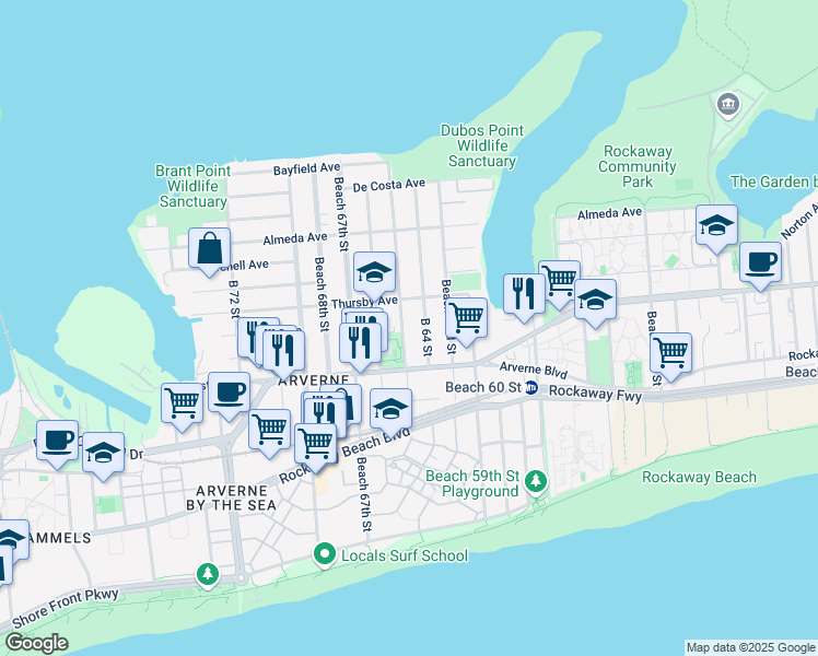 map of restaurants, bars, coffee shops, grocery stores, and more near 4-42 Beach 65th Street in Queens
