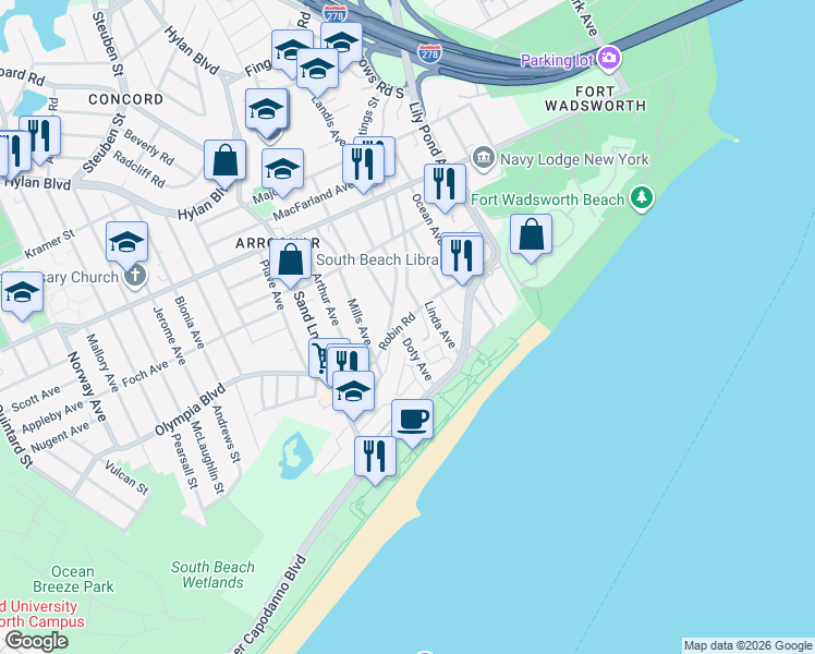 map of restaurants, bars, coffee shops, grocery stores, and more near 95 Robin Road in Staten Island