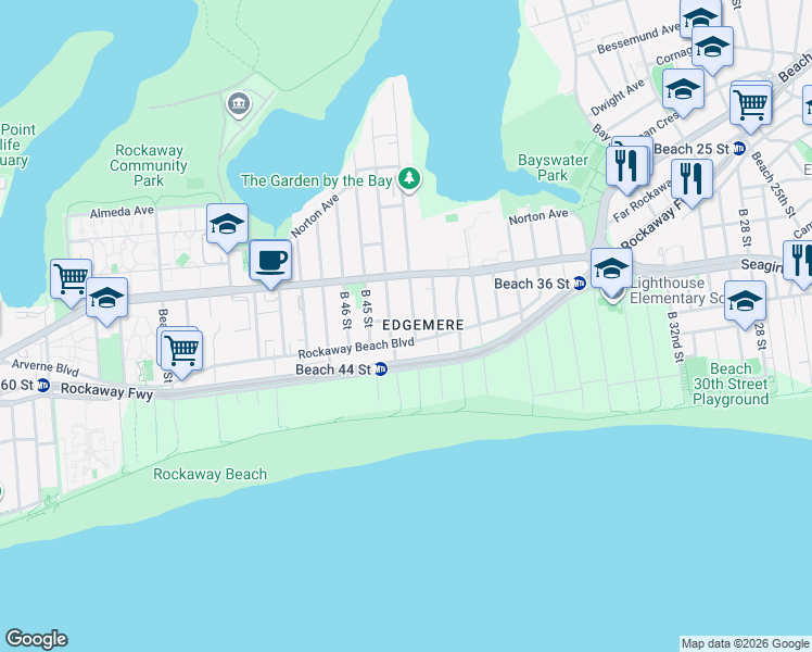 map of restaurants, bars, coffee shops, grocery stores, and more near 322 Beach 43rd Street in Queens